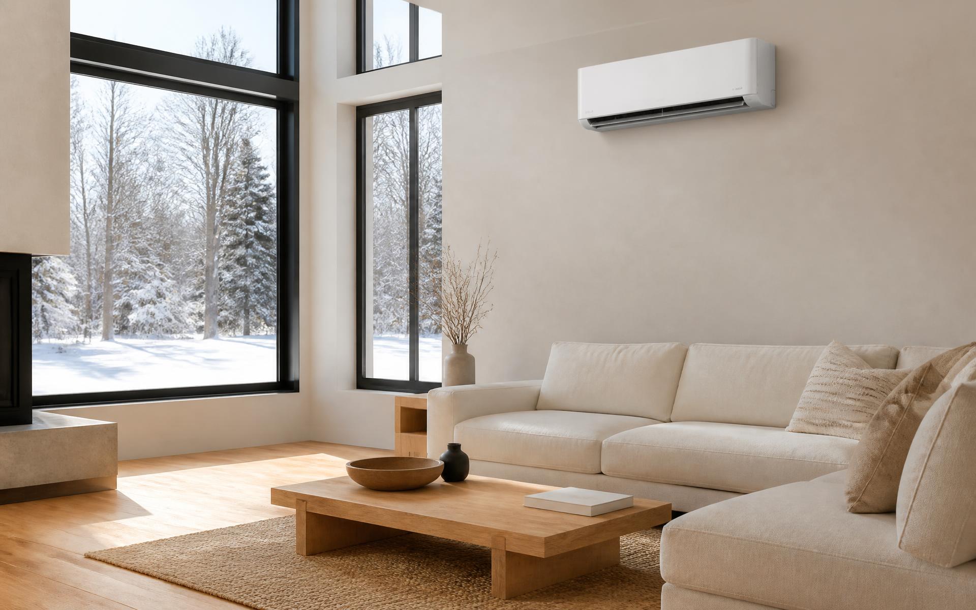 Salon lumineux d'une maison de la région de Québec avec une thermopompe murale installée discrètement
