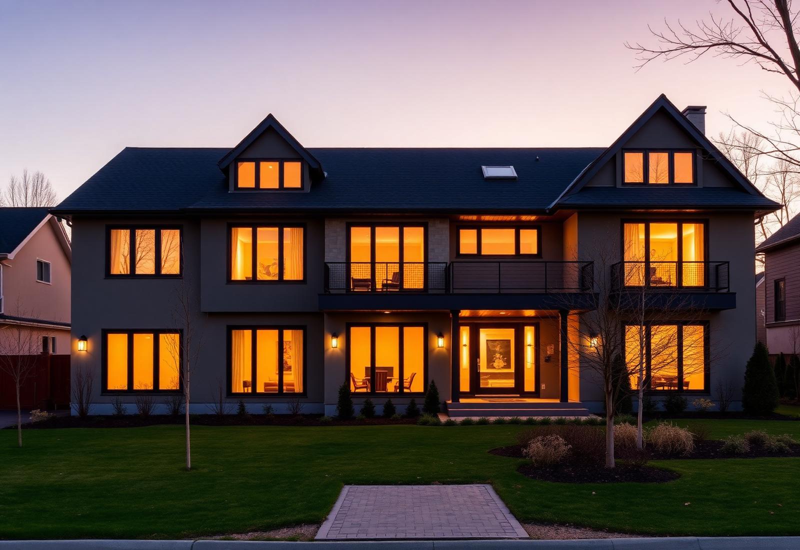 Maison résidentielle éclairée au crépuscule