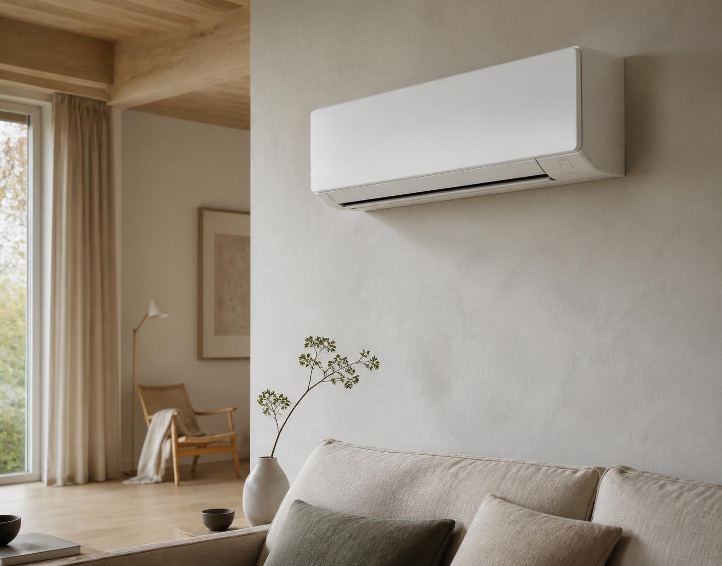 Thermopompe murale installée dans un séjour contemporain
